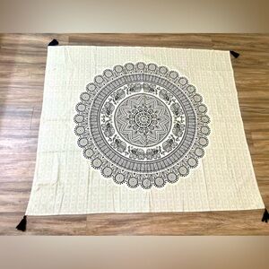 Mandala Lotus Tapestry- 51”x59” - Black & White - Polyester Material